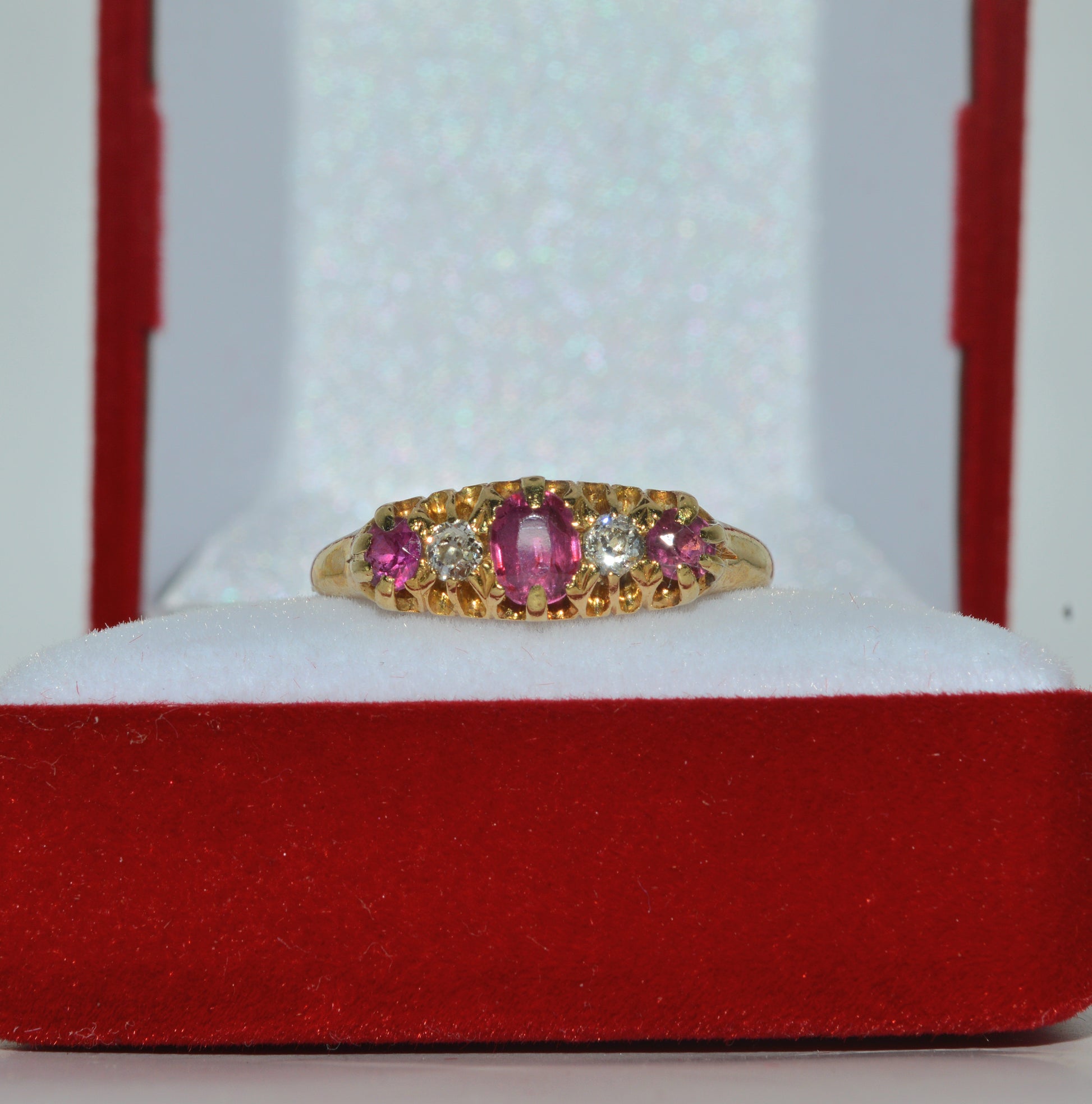 Edwardian Era 1909 - Antique 18ct Gold - Dainty Ruby & Diamond Ring front