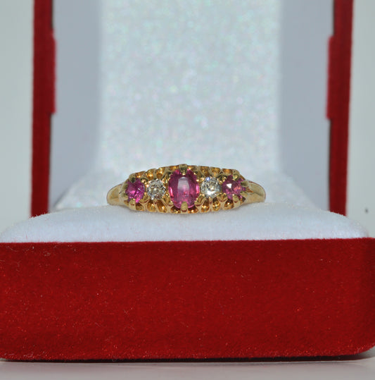 Edwardian Era 1909 - Antique 18ct Gold - Dainty Ruby & Diamond Ring front