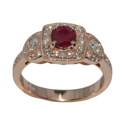 14ct Rose Gold - Ruby & Diamond Cluster Ring upright front