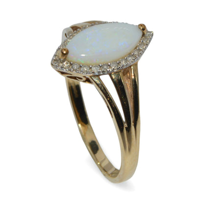 9ct Gold - Opal & Diamond Marquise Style Cluster Ring upright tilt