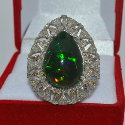 Silver - 6.15ct Pear Cut Black Opal & 1.4ct Diamond Cluster Ring front