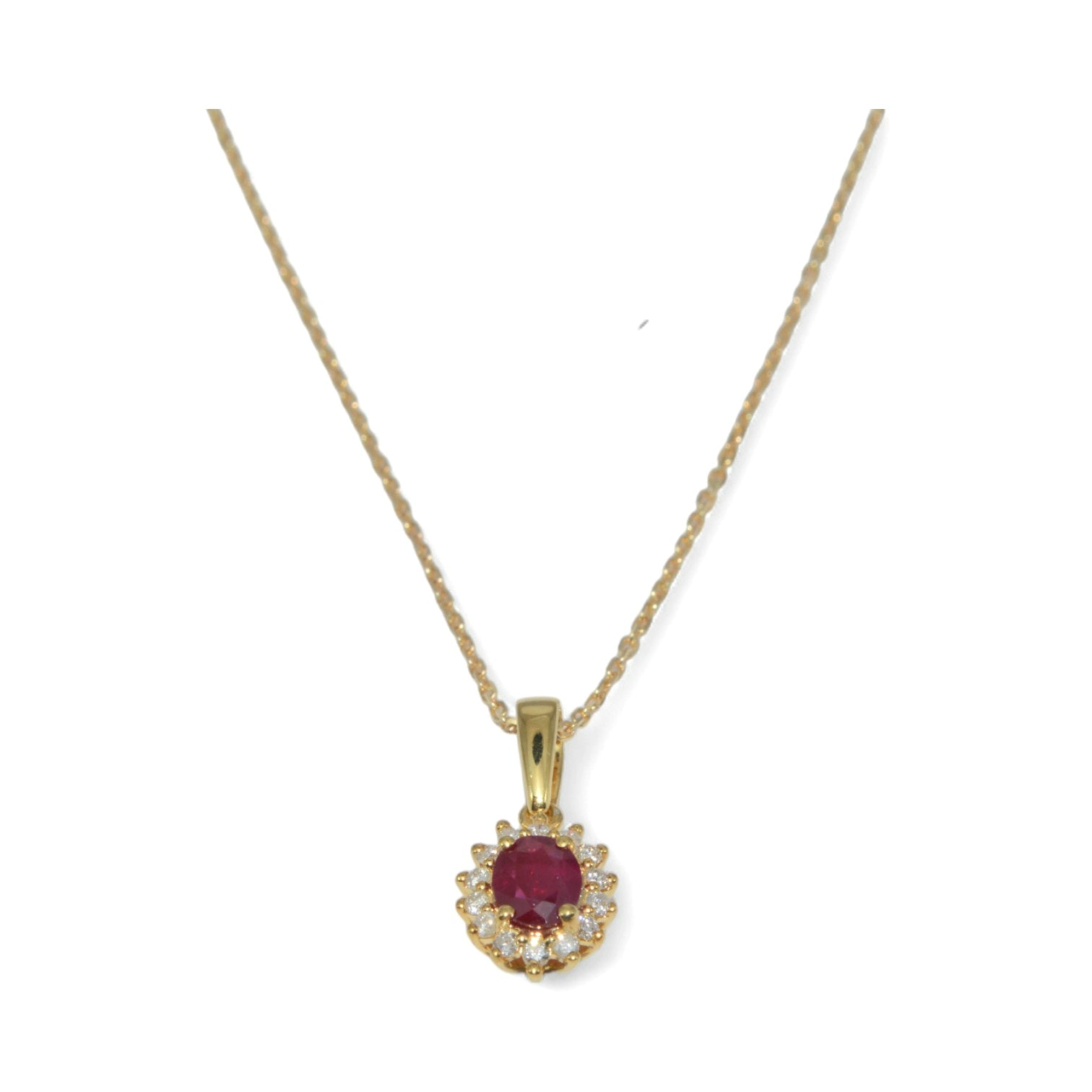 9ct Gold - Ruby & Diamond Cluster Necklace front on