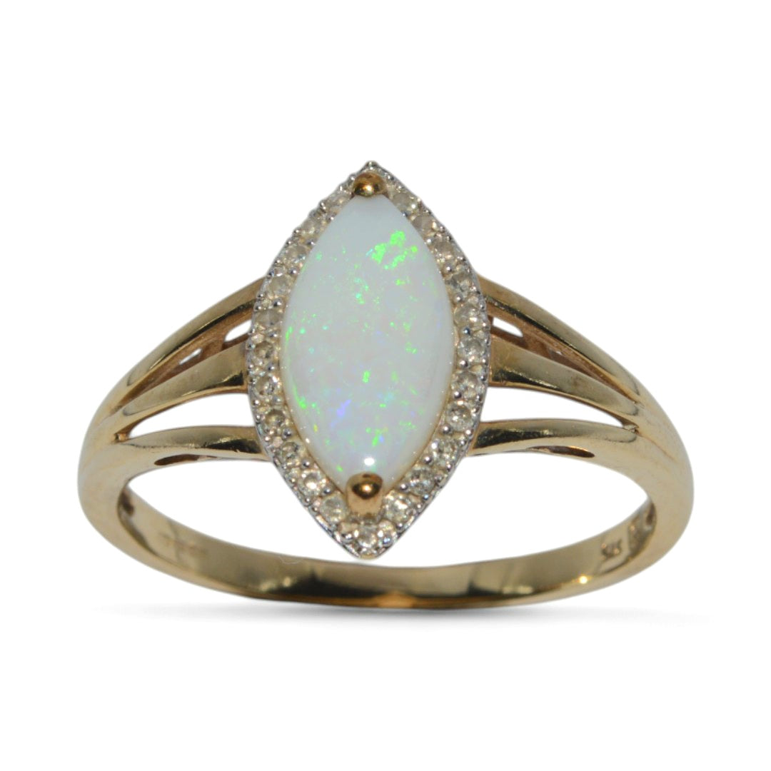 9ct Gold - Opal & Diamond Marquise Style Cluster Ring upright front