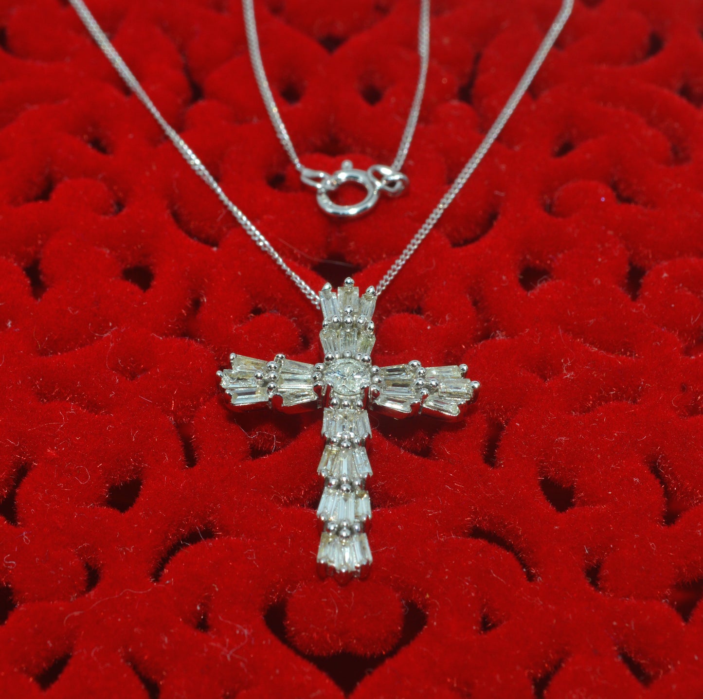 9ct White Gold - Baguette Diamond Cross Necklace close 2