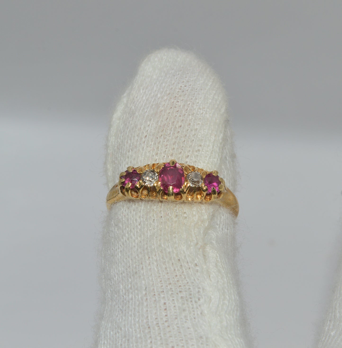 Edwardian Era 1909 - Antique 18ct Gold - Dainty Ruby & Diamond Ring finger top down