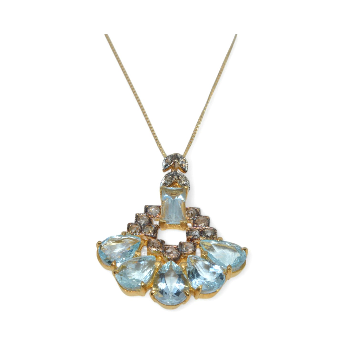 Art Deco Era - Antique 14ct Gold - Aquamarine & Rose Cut Diamond Pendant front far