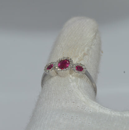 18ct White Gold - Ruby & Diamond Trilogy Ring finger rear