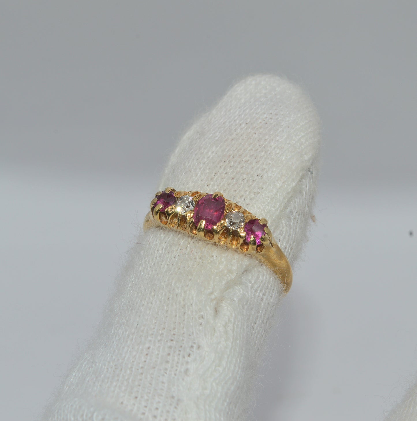 Edwardian Era 1909 - Antique 18ct Gold - Dainty Ruby & Diamond Ring finger tilt