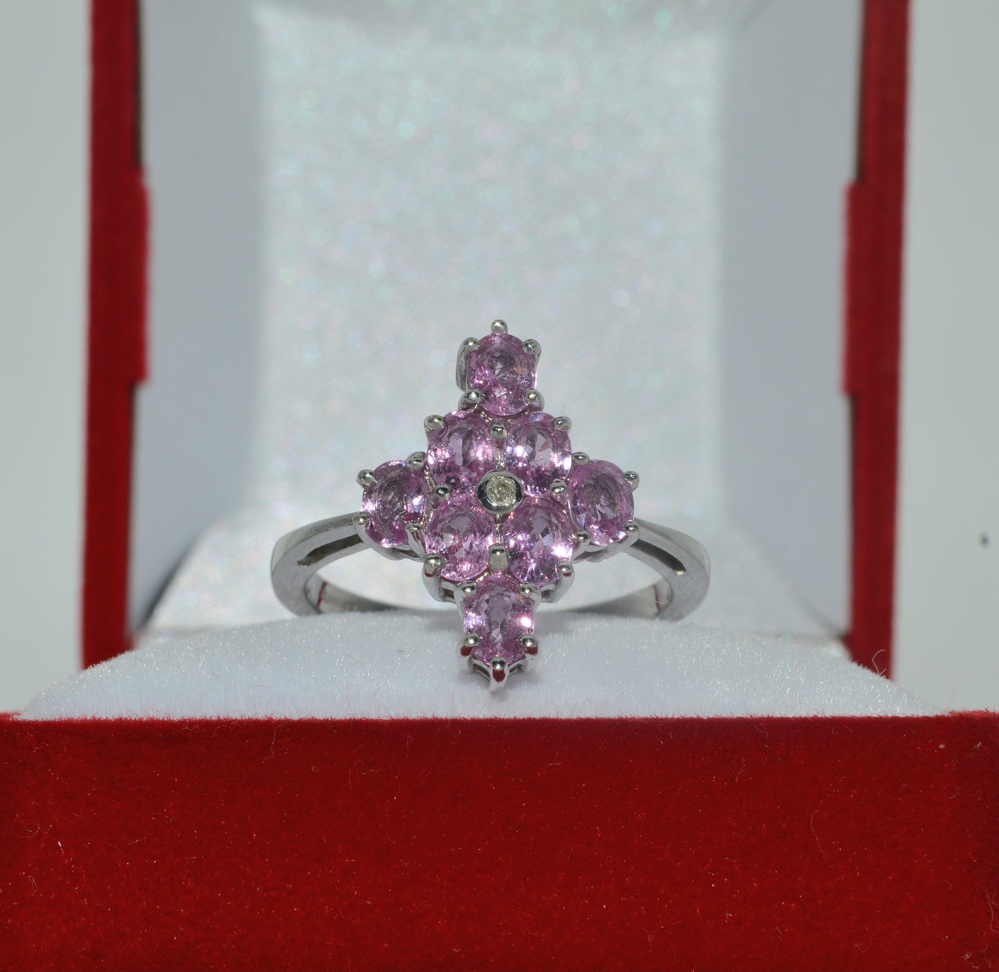 2007 - 9ct White Gold - Diamond & Pink Sapphire Cluster Ring up front