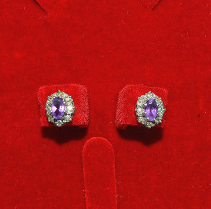 9ct Gold - Amethyst & Diamond Stud Earrings front down