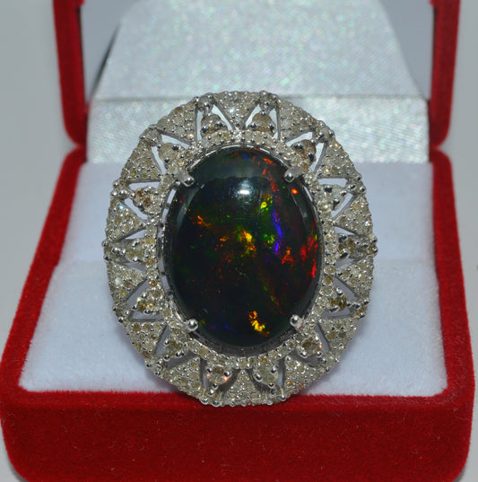 Silver - 6.33ct Black Opal & 1.32ct Diamond Cluster Ring front