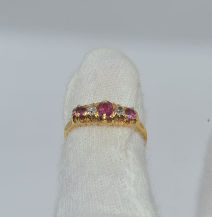 Edwardian Era 1909 - Antique 18ct Gold - Dainty Ruby & Diamond Ring finger rear