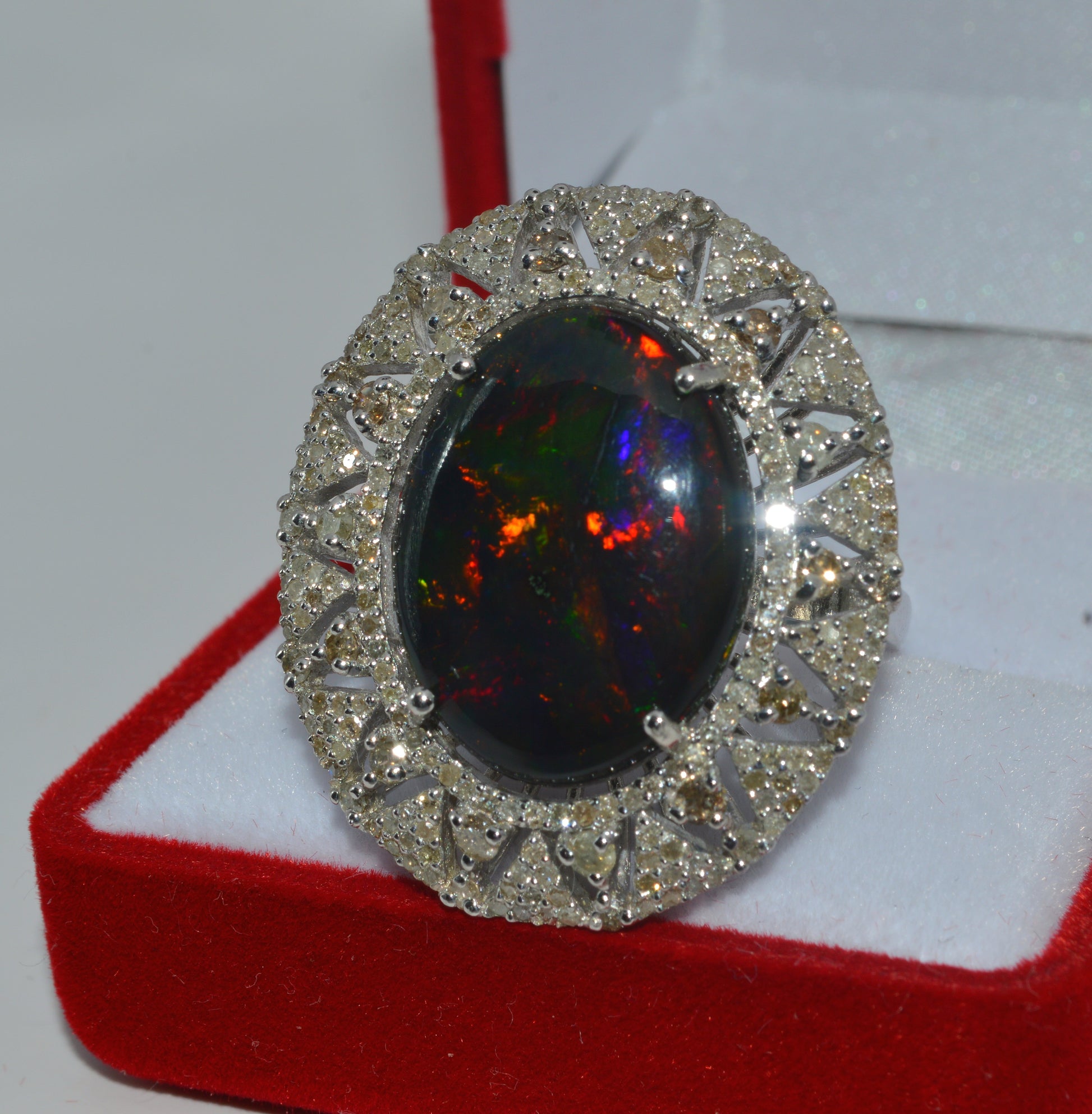 Silver - 6.33ct Black Opal & 1.32ct Diamond Cluster Ring left