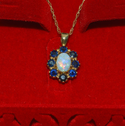 9ct Gold - Opal & Sapphire Cluster Necklace front