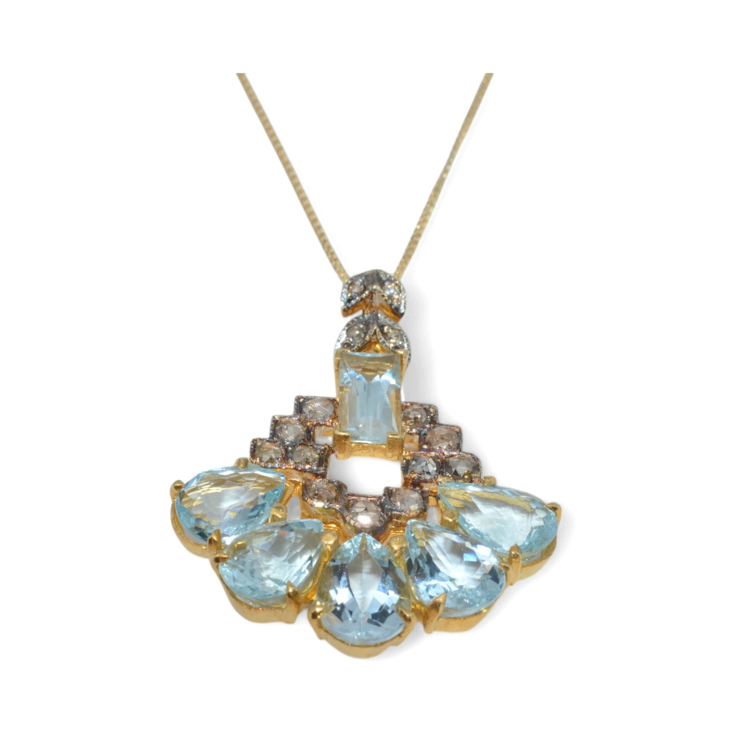 Art Deco Era - Antique 14ct Gold - Aquamarine & Rose Cut Diamond Pendant front