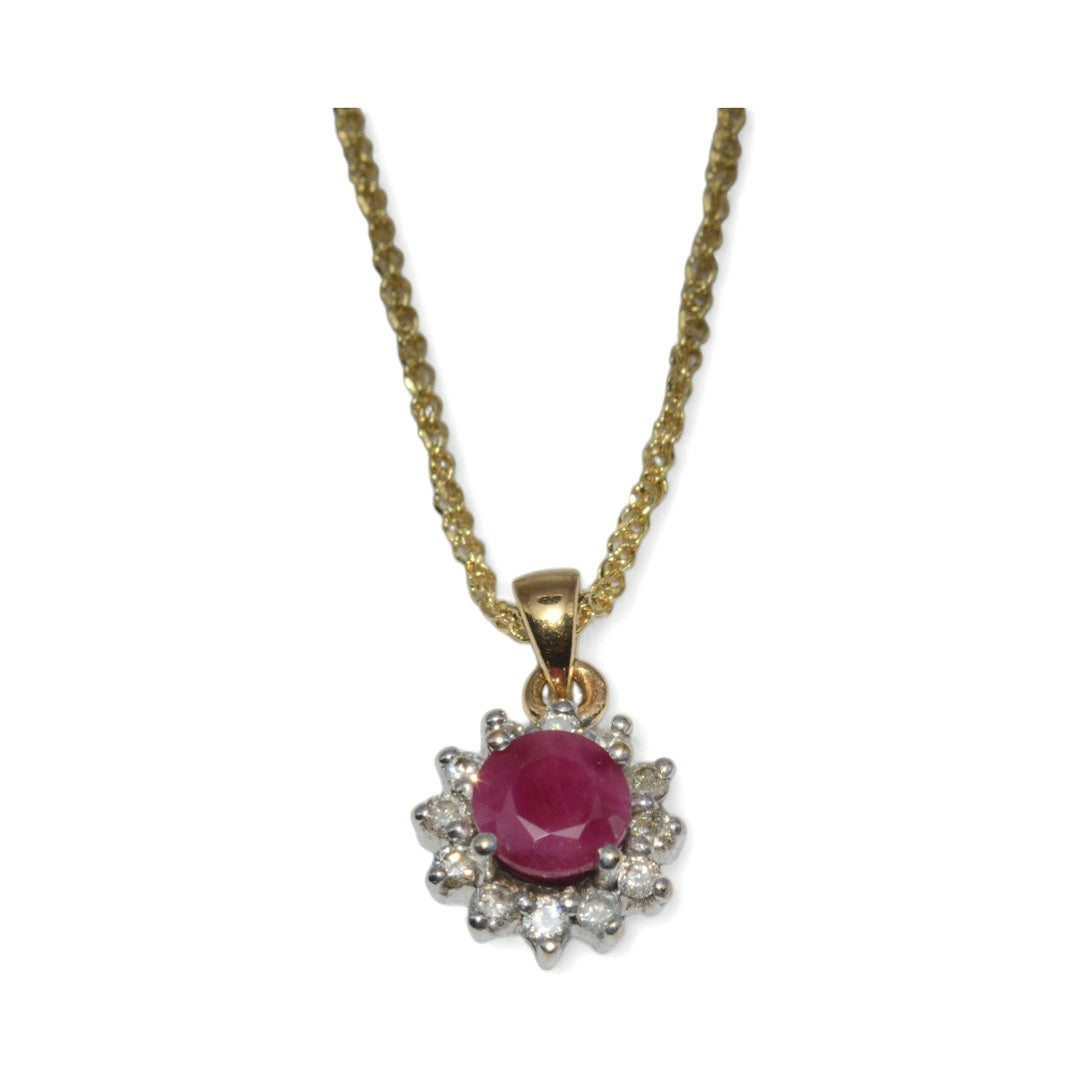 9ct Gold - Ruby & Diamond Cluster Necklace front