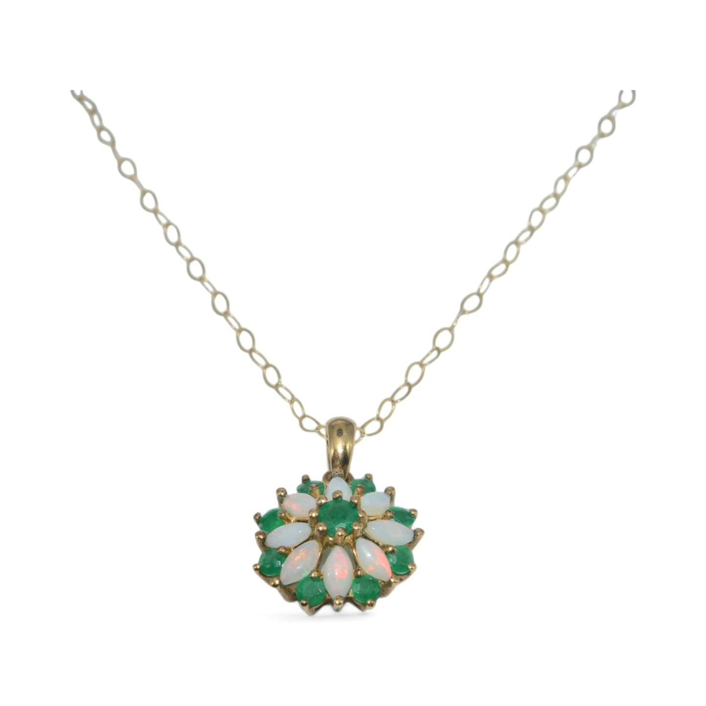 9ct Gold - Emerald & Opal Cluster Necklace front