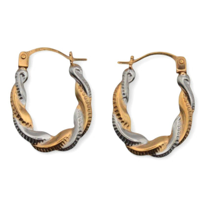 9ct Yellow & White Gold - Twist Creole Hoop Textured Earrings front in