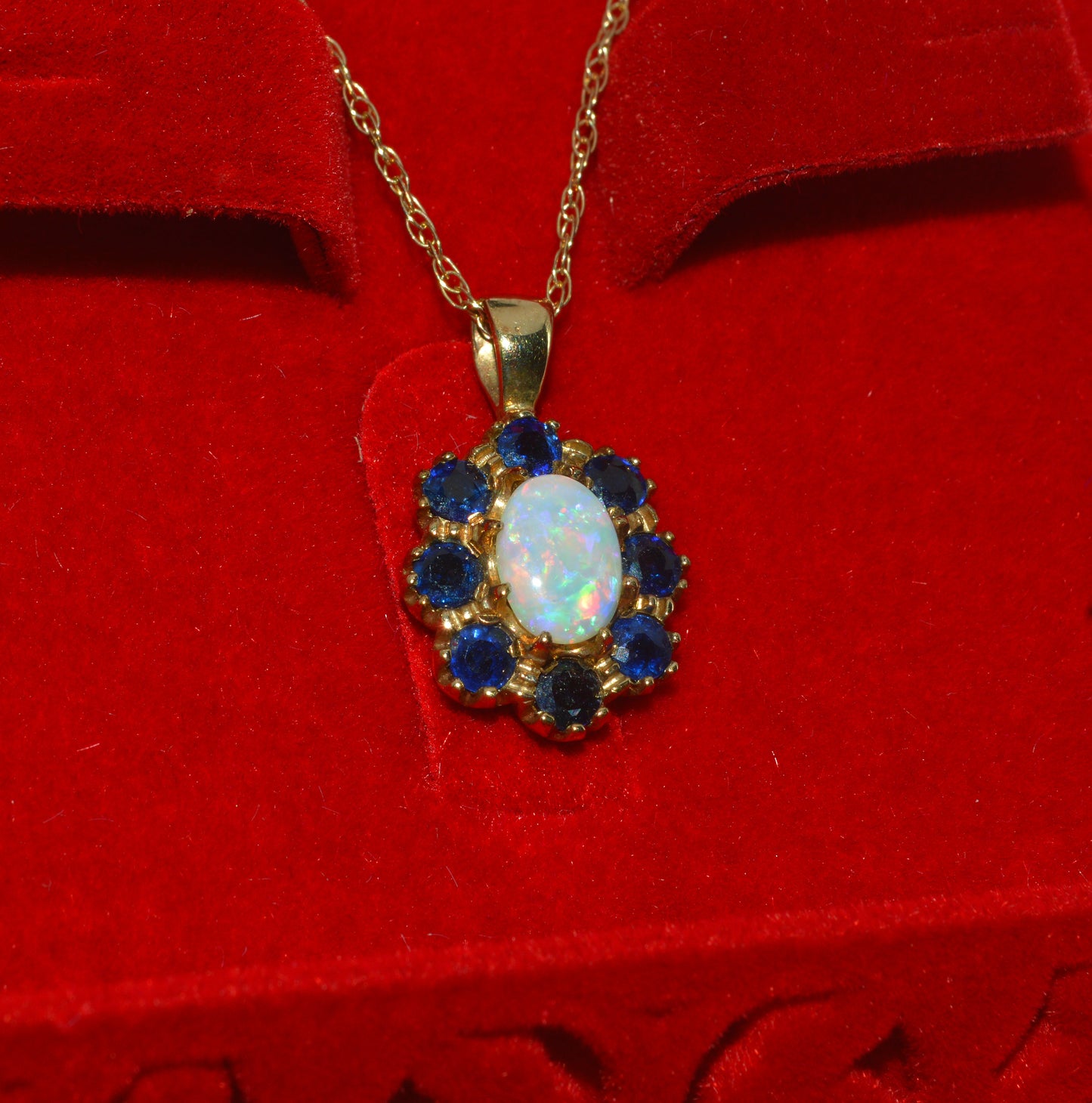 9ct Gold - Opal & Sapphire Cluster Necklace right