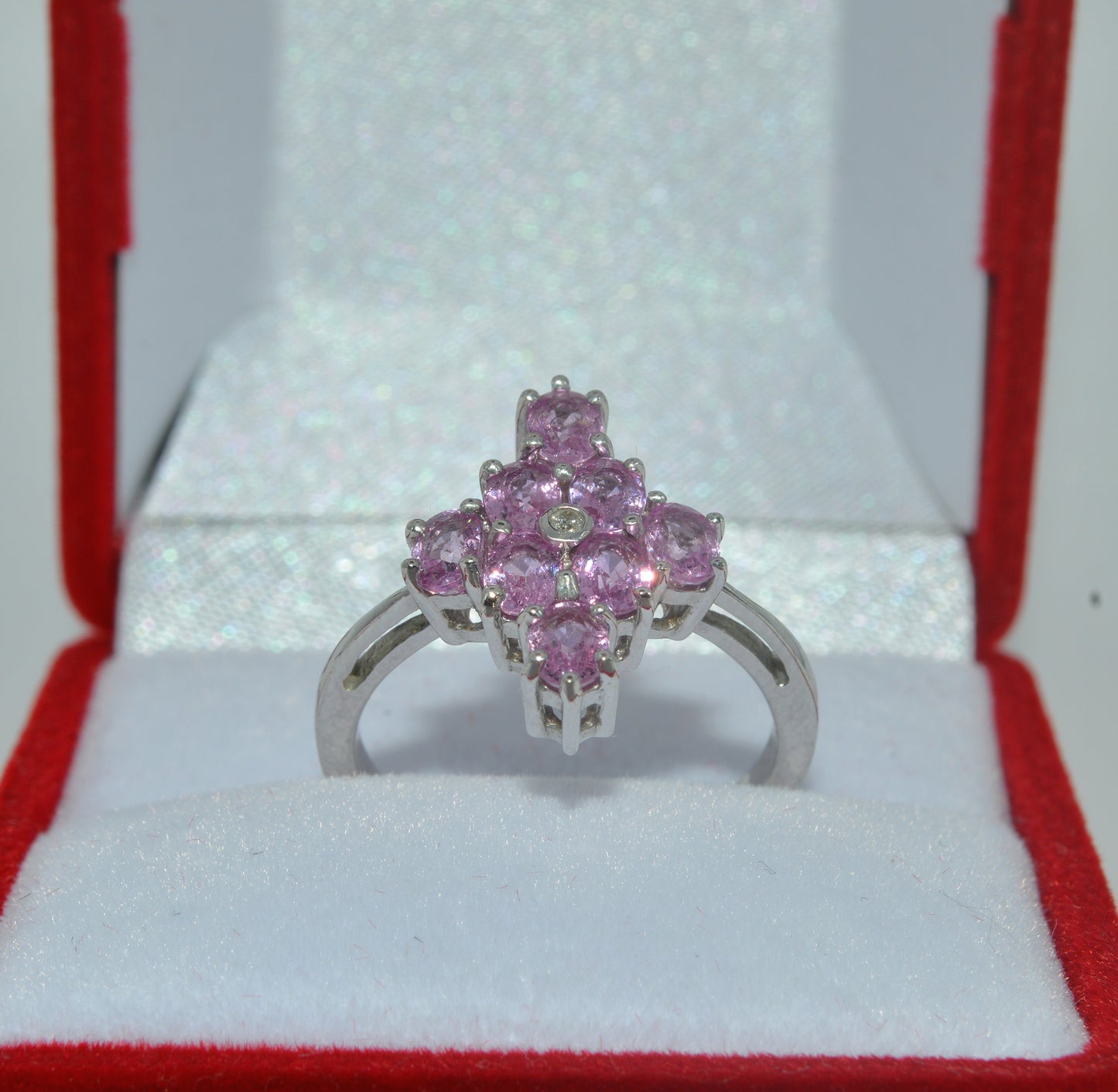 2007 - 9ct White Gold - Diamond & Pink Sapphire Cluster Ring front upright