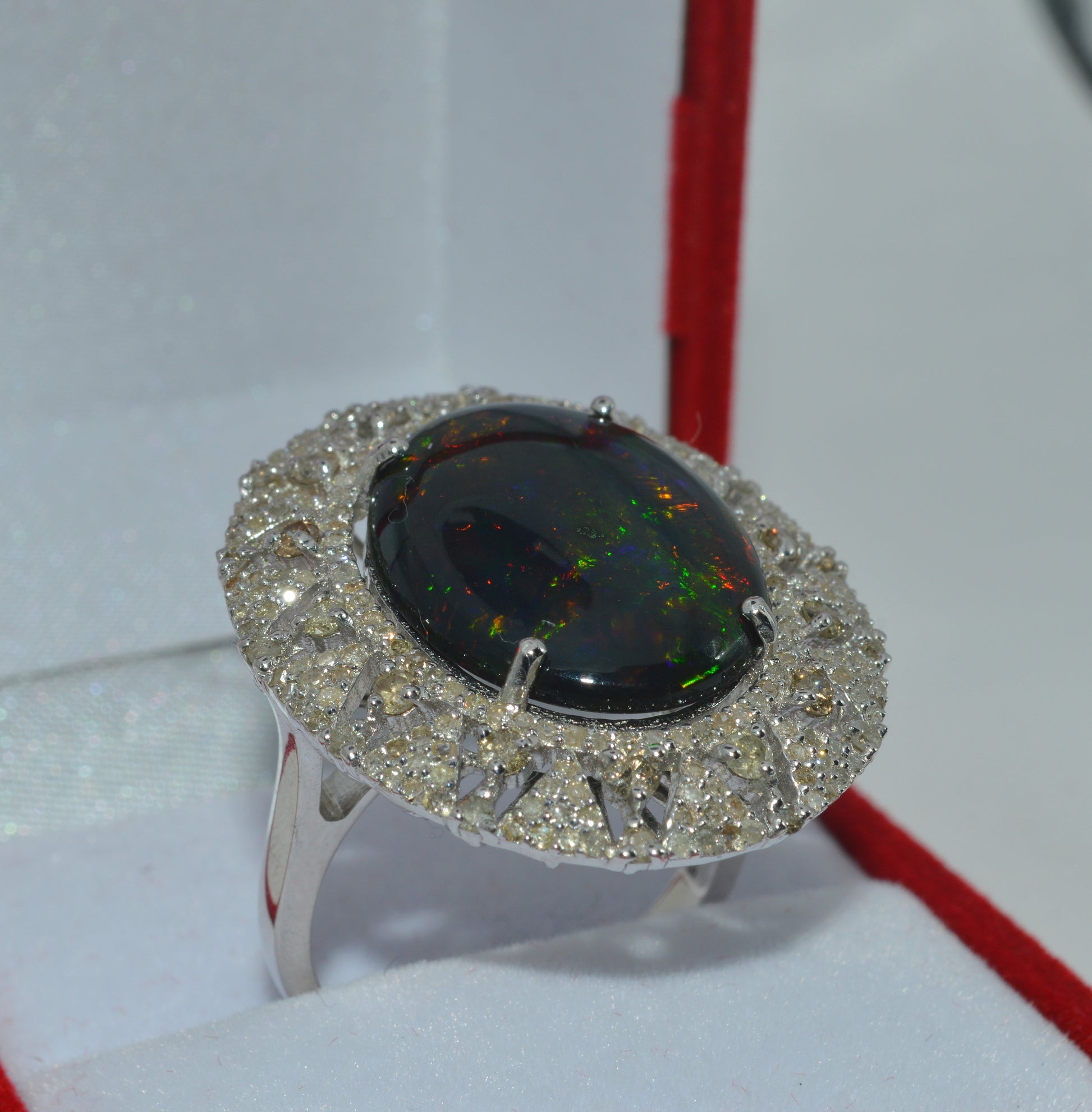 Silver - 6.33ct Black Opal & 1.32ct Diamond Cluster Ring upright right