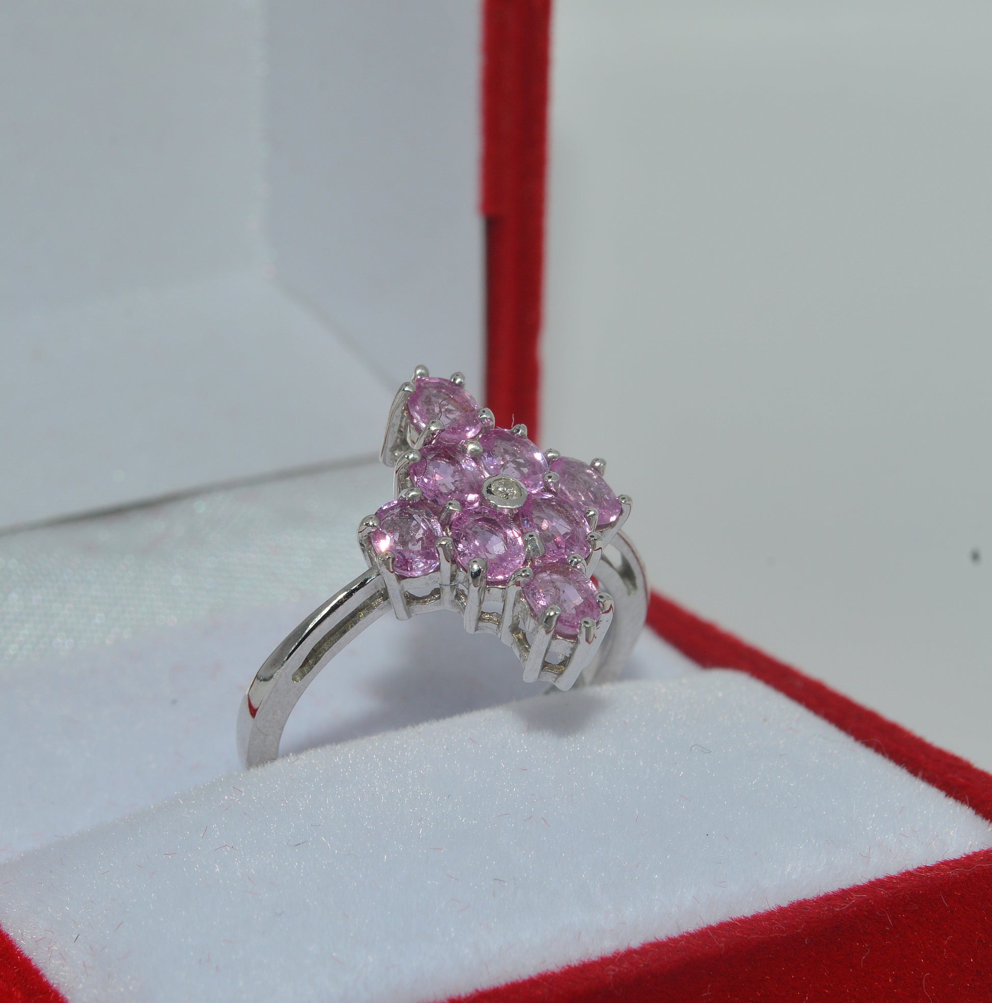 2007 - 9ct White Gold - Diamond & Pink Sapphire Cluster Ring upright right