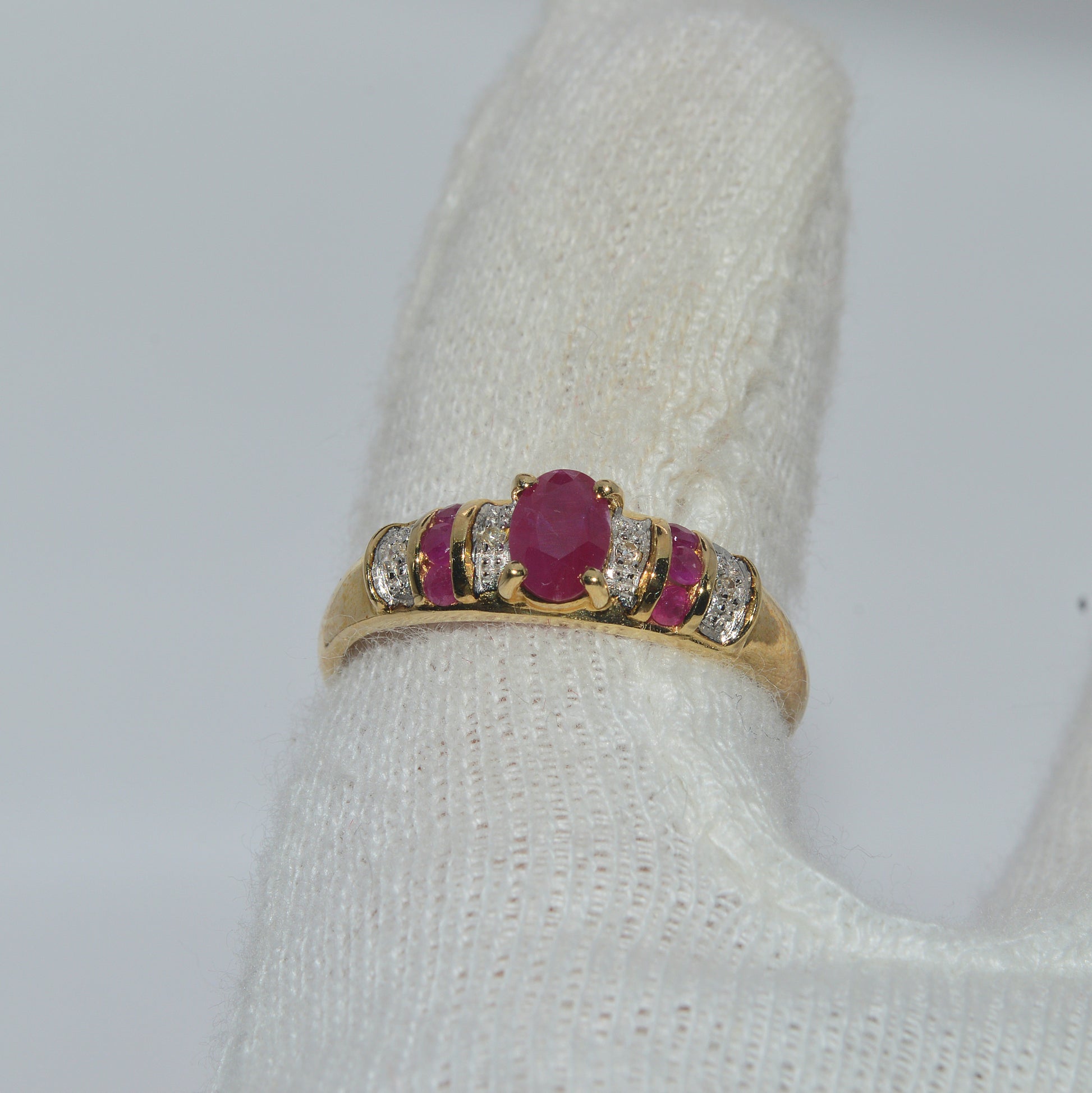 9ct Gold - Ruby & Diamond Ring finger top down