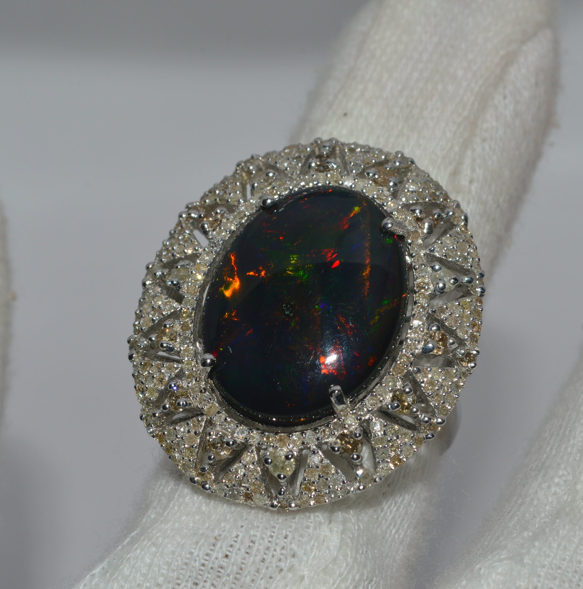 Silver - 6.33ct Black Opal & 1.32ct Diamond Cluster Ring finger left