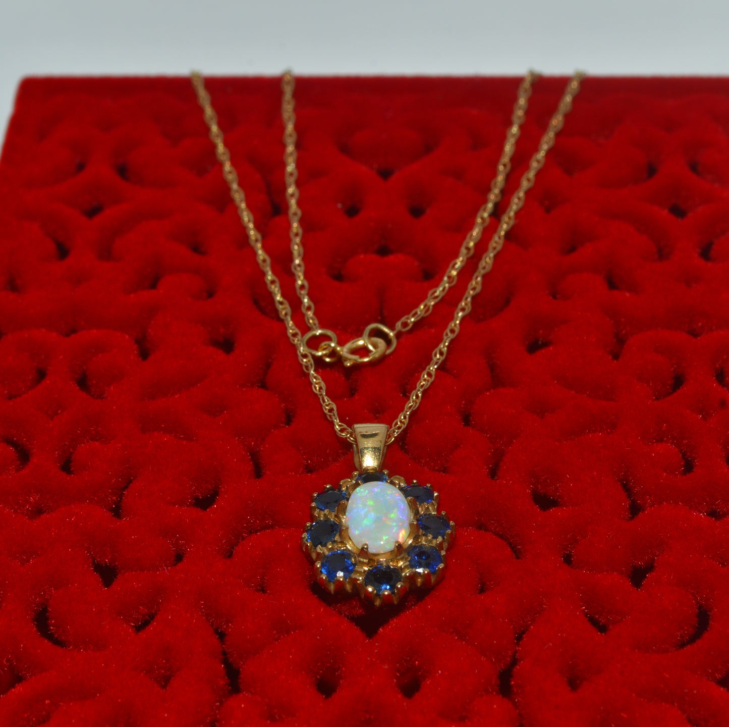 9ct Gold - Opal & Sapphire Cluster Necklace top down