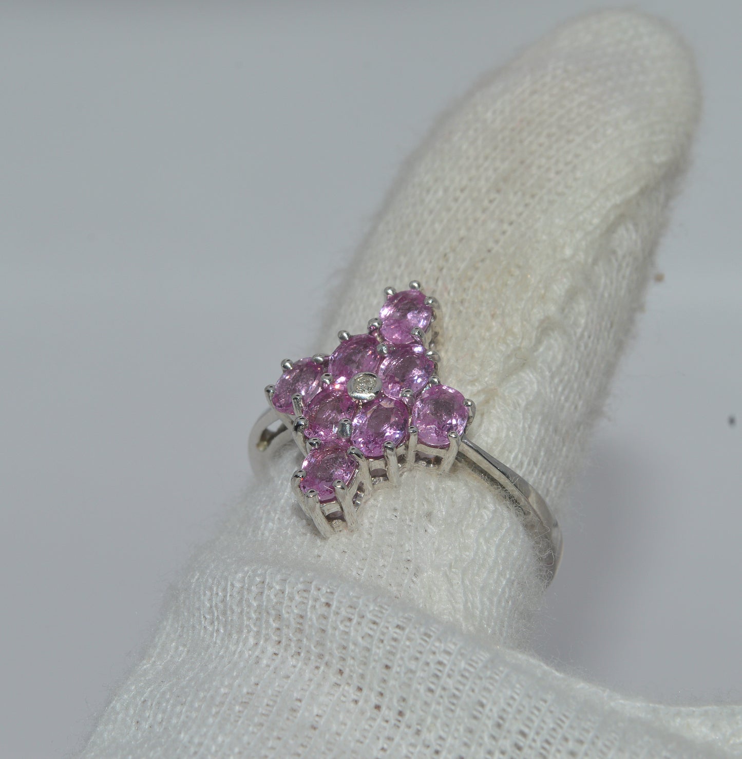 2007 - 9ct White Gold - Diamond & Pink Sapphire Cluster Ring finger left