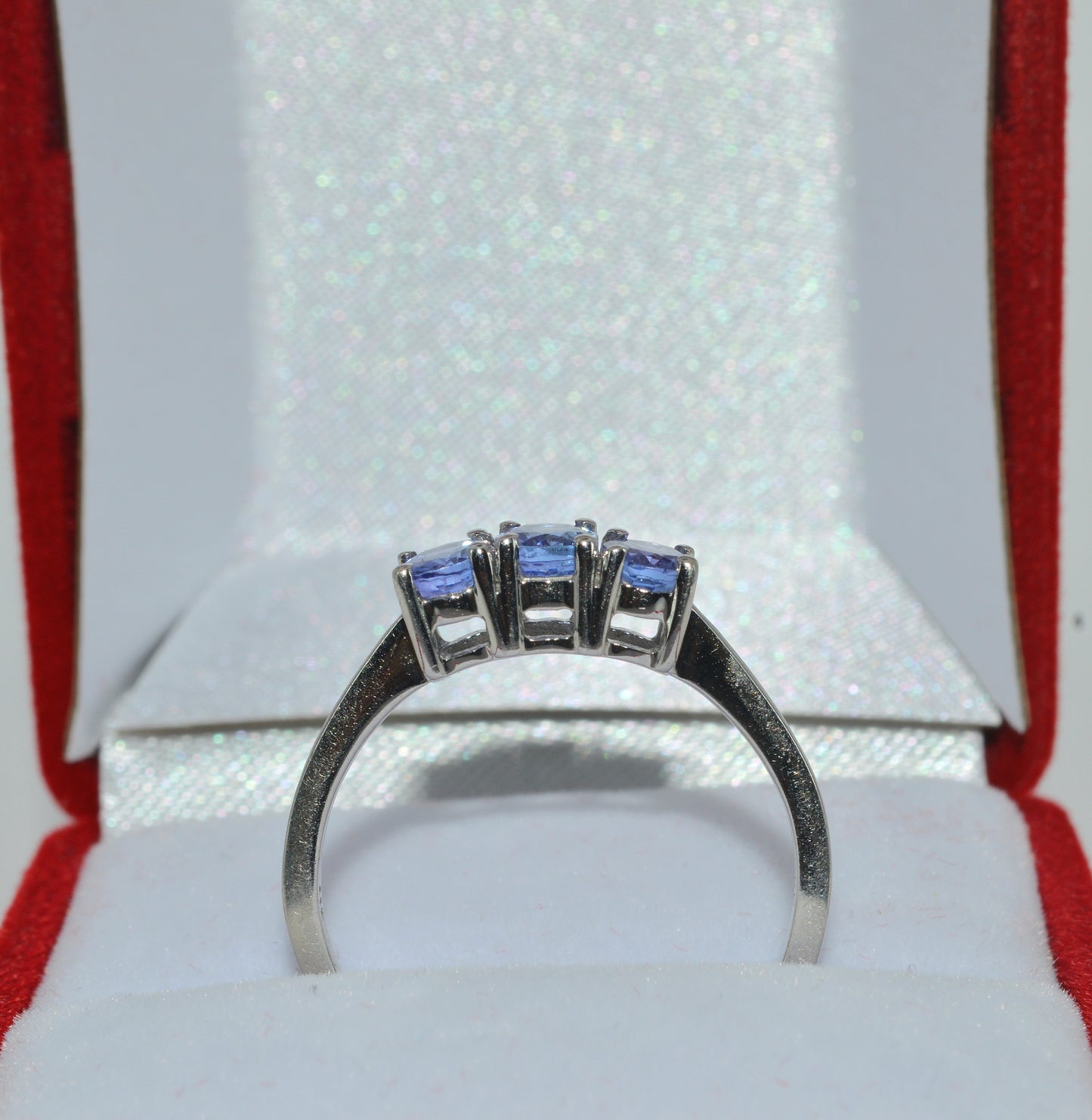 9ct White Gold - Tanzanite Trilogy Ring upright