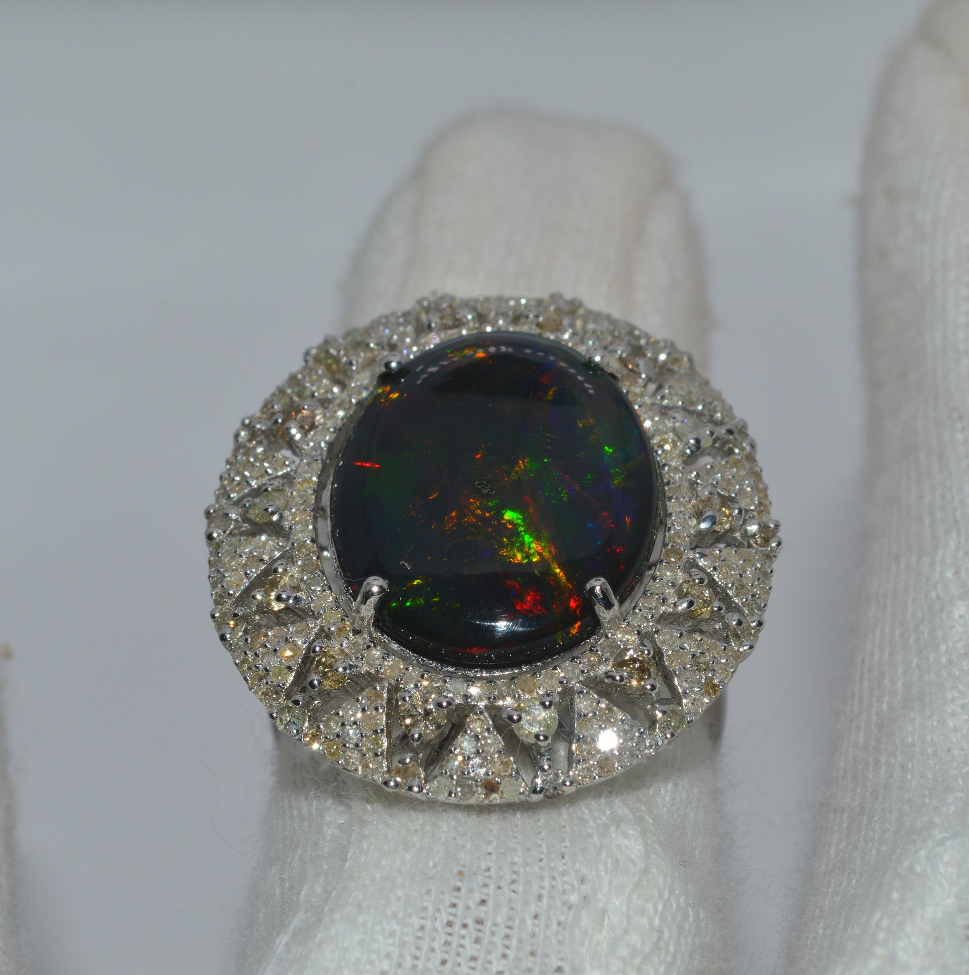 Silver - 6.33ct Black Opal & 1.32ct Diamond Cluster Ring finger rear