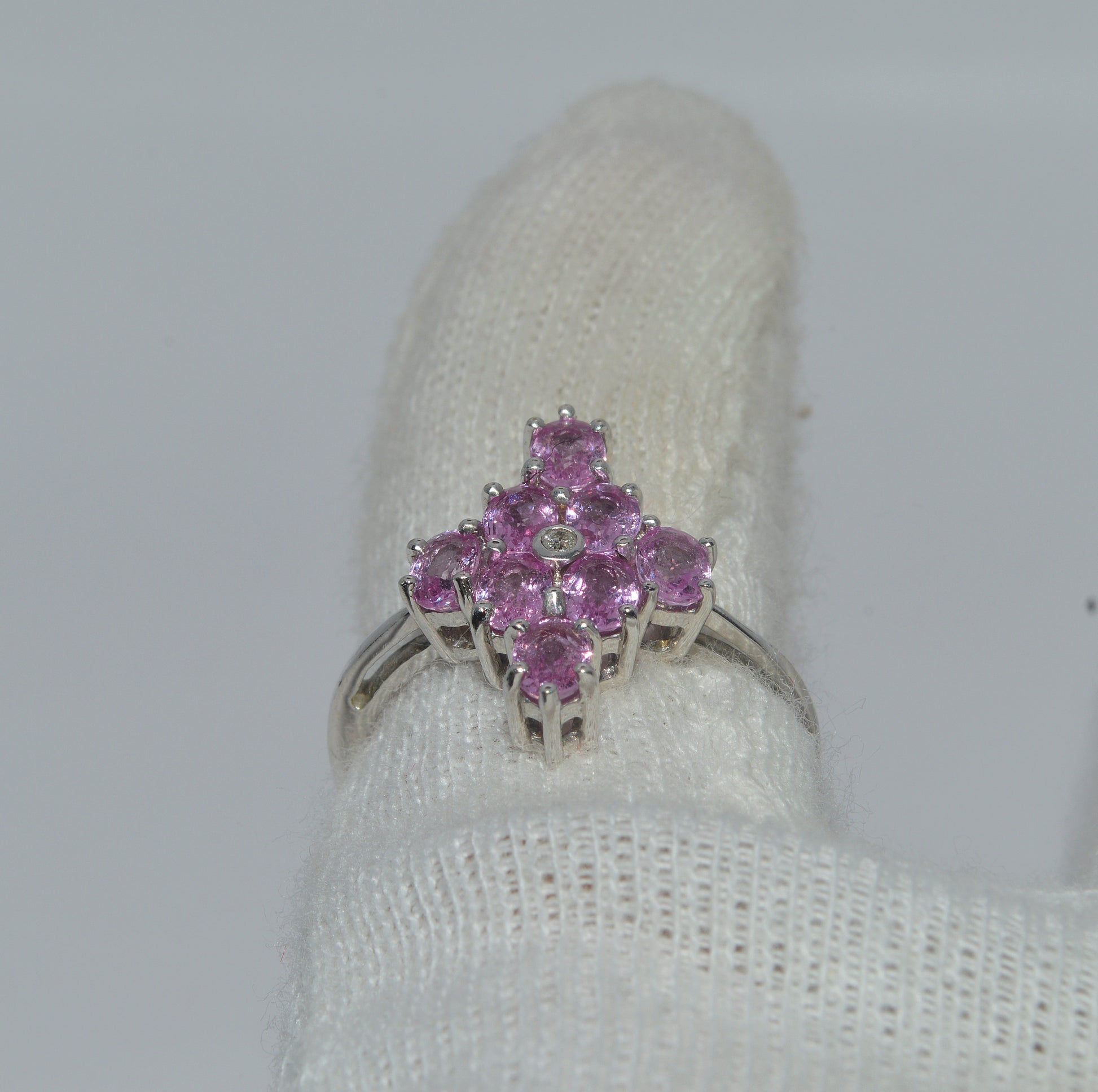 2007 - 9ct White Gold - Diamond & Pink Sapphire Cluster Ring finger rear