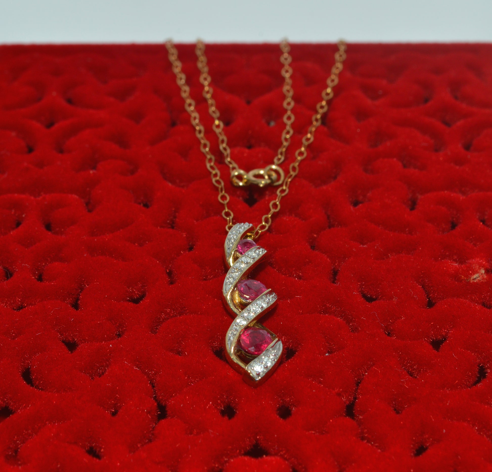 9ct Gold - Ruby & Diamond Drop Necklace top down