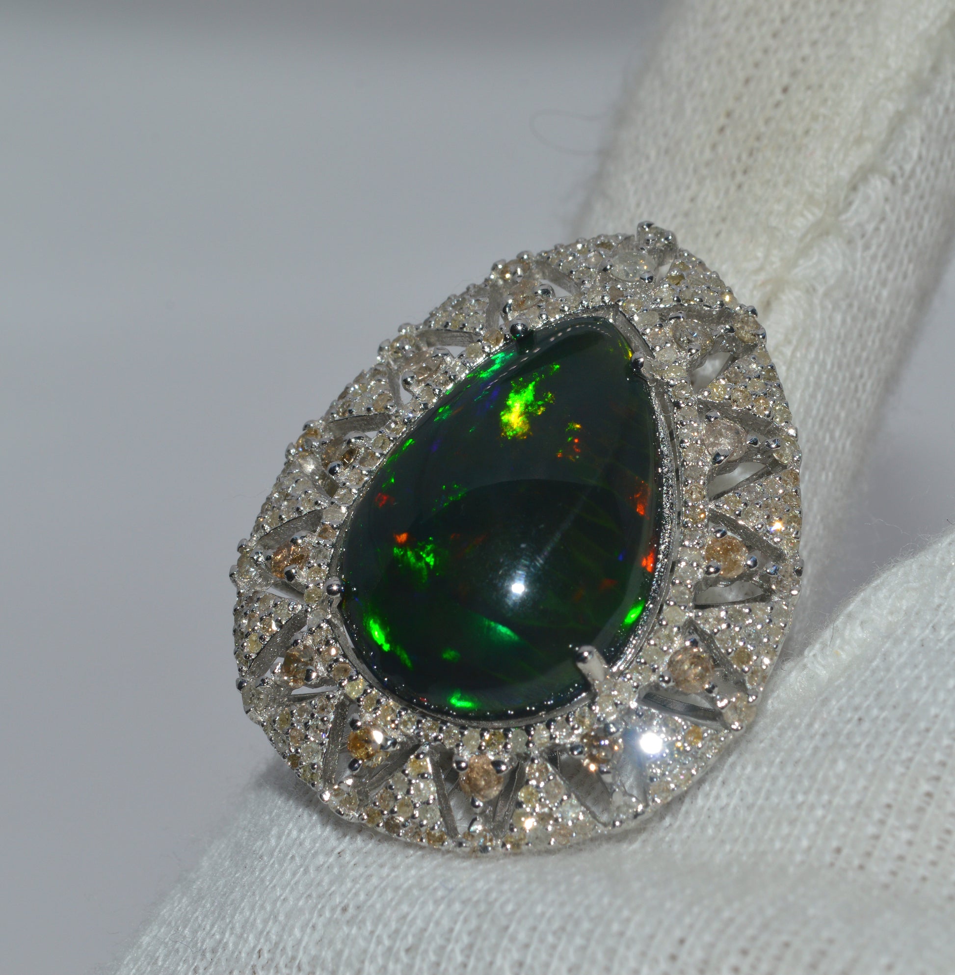 Silver - 6.15ct Pear Cut Black Opal & 1.4ct Diamond Cluster Ring finger left