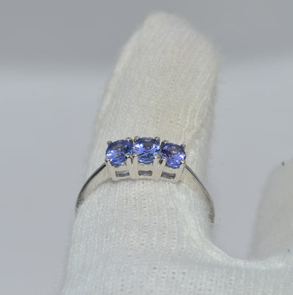 9ct White Gold - Tanzanite Trilogy Ring finger rear