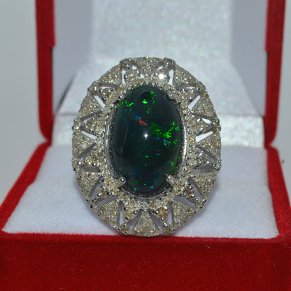 Silver - 7.09ct High Dome Black Opal & 1.5ct Diamond Cluster Ring front 3