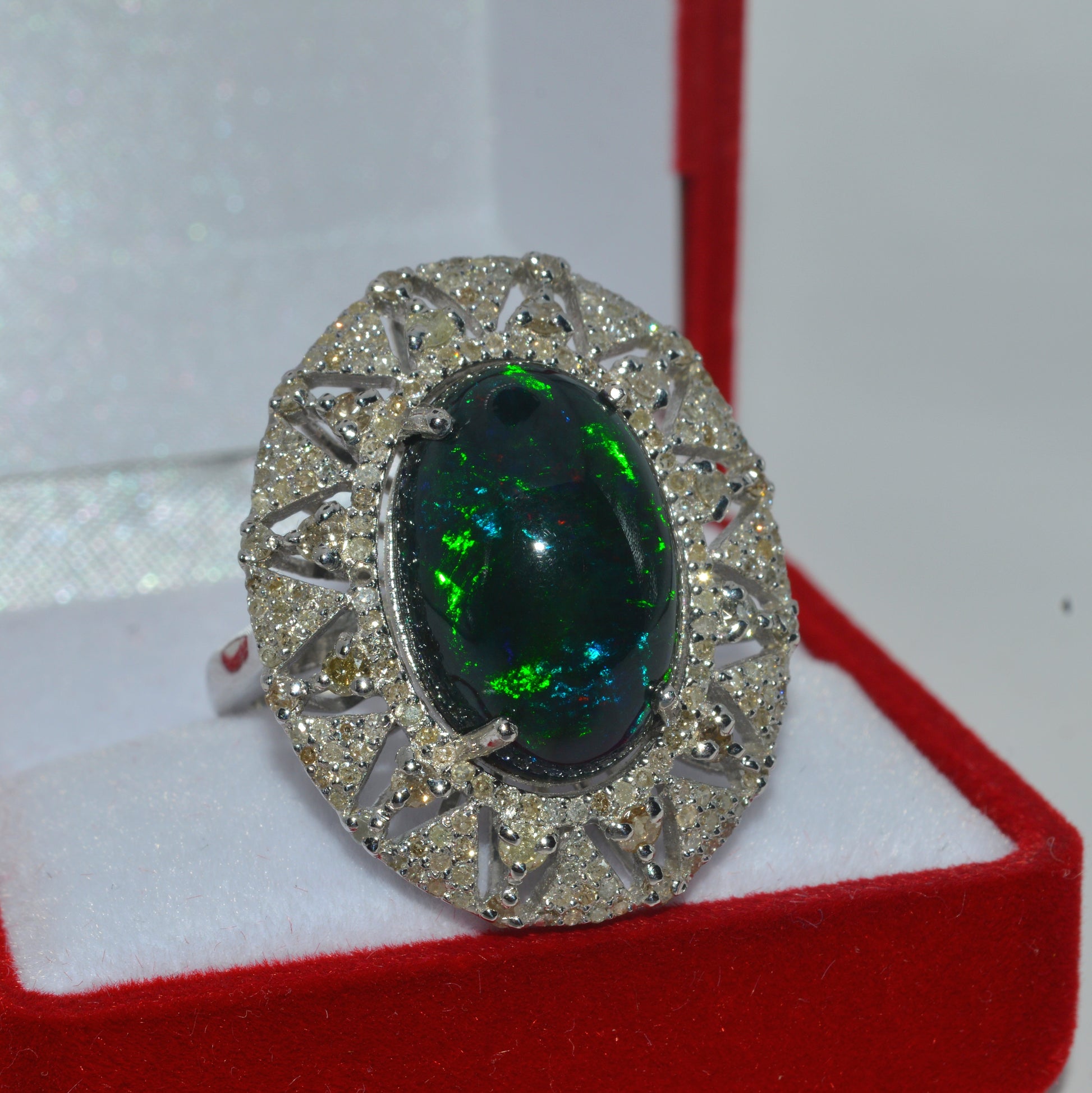 Silver - 7.09ct High Dome Black Opal & 1.5ct Diamond Cluster Ring front right