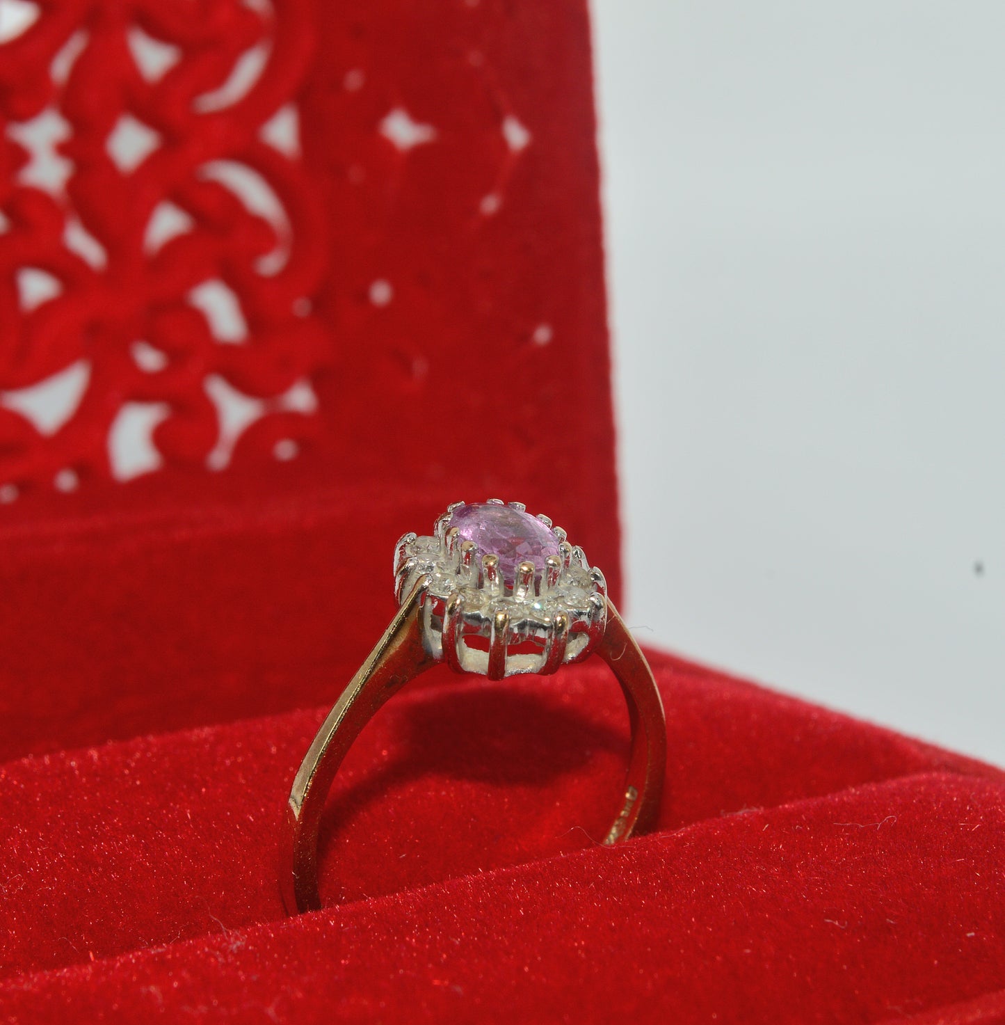 9ct Gold - Pink Sapphire & Diamond Cluster Ring upright right