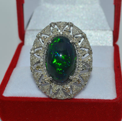 Silver - 7.09ct High Dome Black Opal & 1.5ct Diamond Cluster Ring front 2