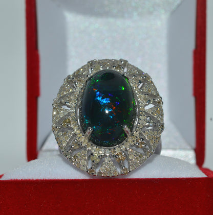 Silver - 7.09ct High Dome Black Opal & 1.5ct Diamond Cluster Ring bottom upright