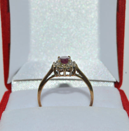 9ct Gold - Ruby & Diamond Cluster Ring upright front