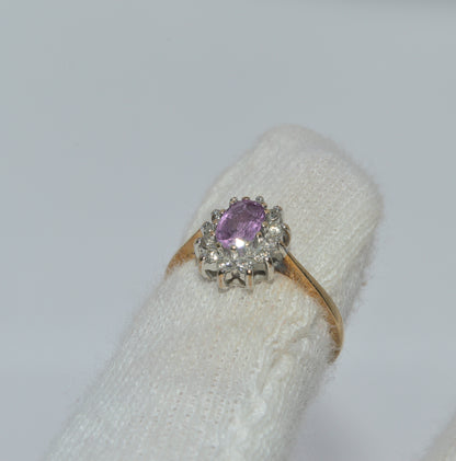 9ct Gold - Pink Sapphire & Diamond Cluster Ring finger left tilt