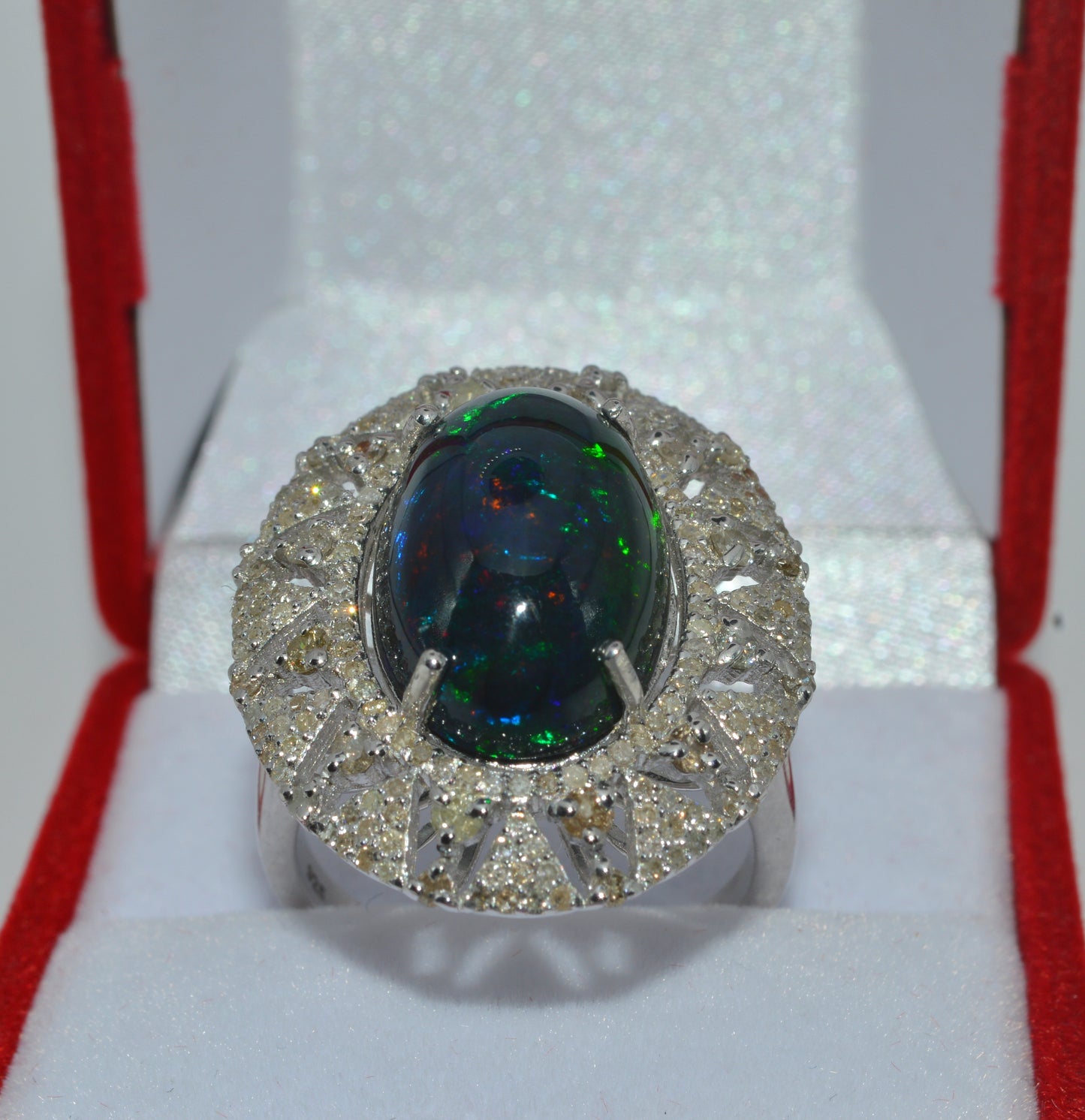 Silver - 7.09ct High Dome Black Opal & 1.5ct Diamond Cluster Ring upright front