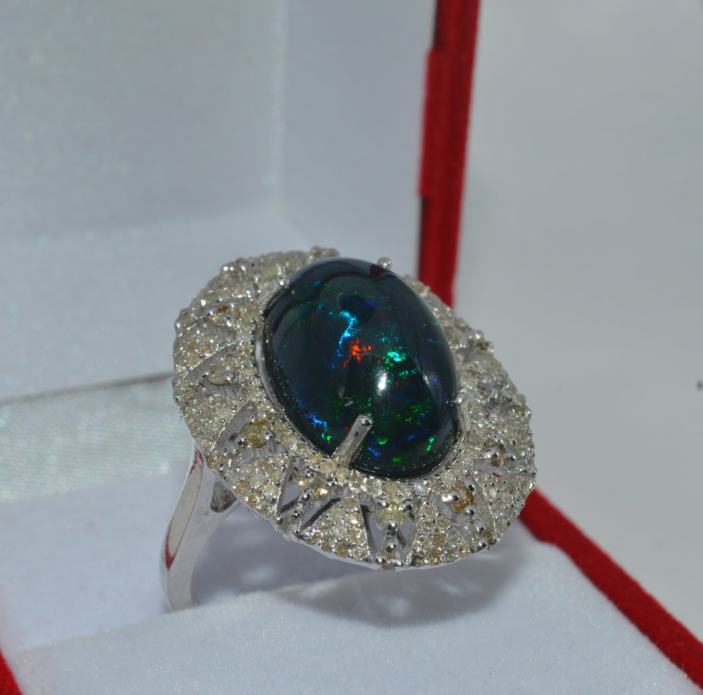 Silver - 7.09ct High Dome Black Opal & 1.5ct Diamond Cluster Ring upright right