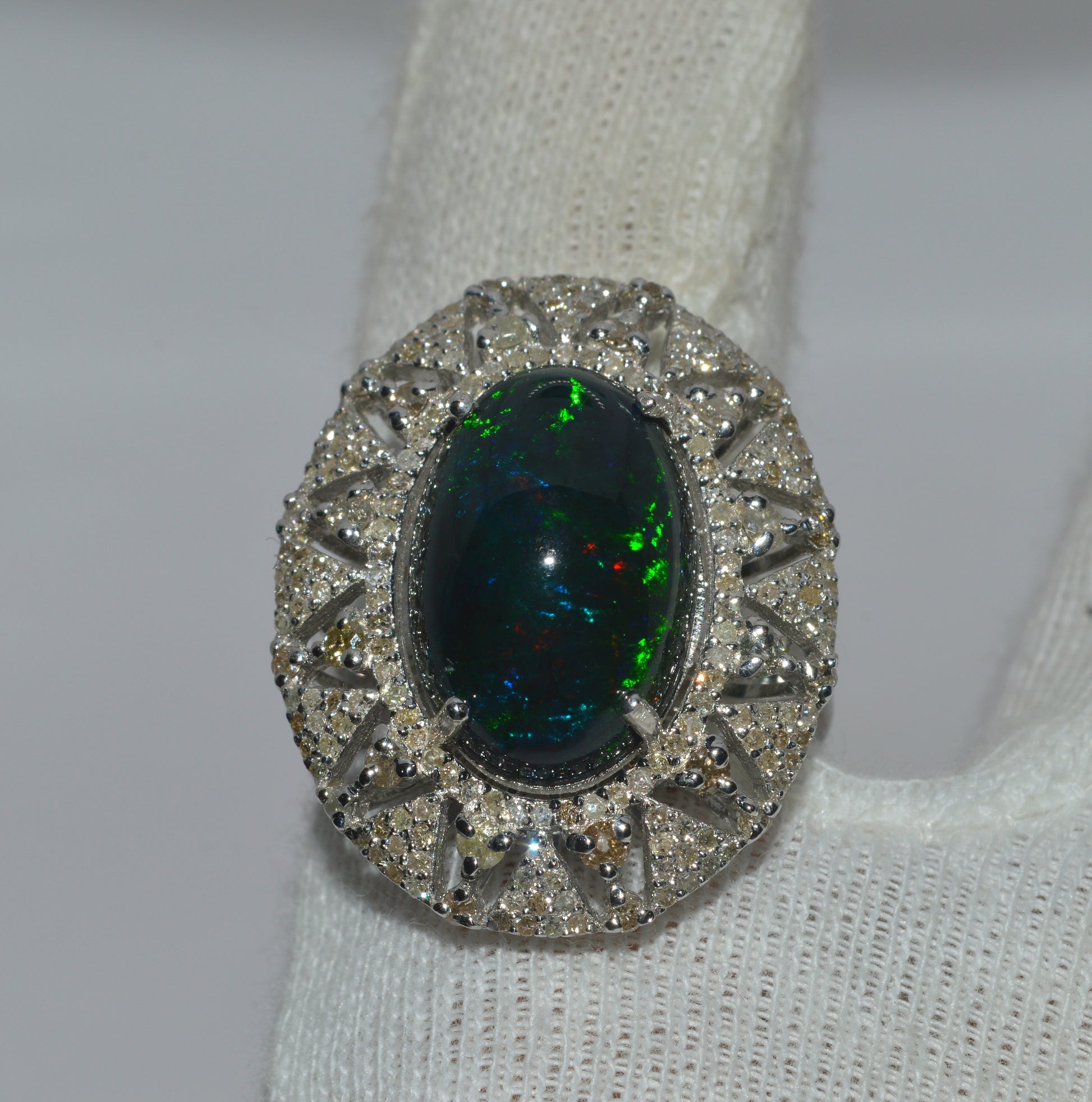 Silver - 7.09ct High Dome Black Opal & 1.5ct Diamond Cluster Ring finger