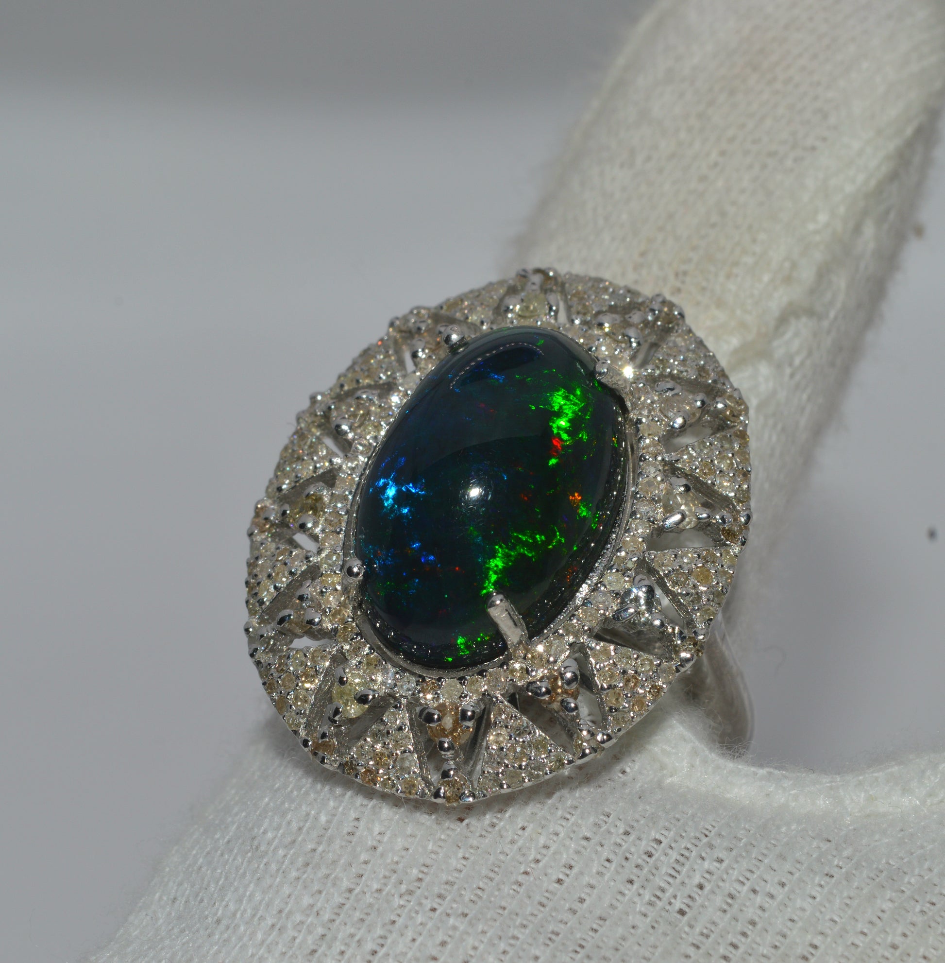 Silver - 7.09ct High Dome Black Opal & 1.5ct Diamond Cluster Ring finger left