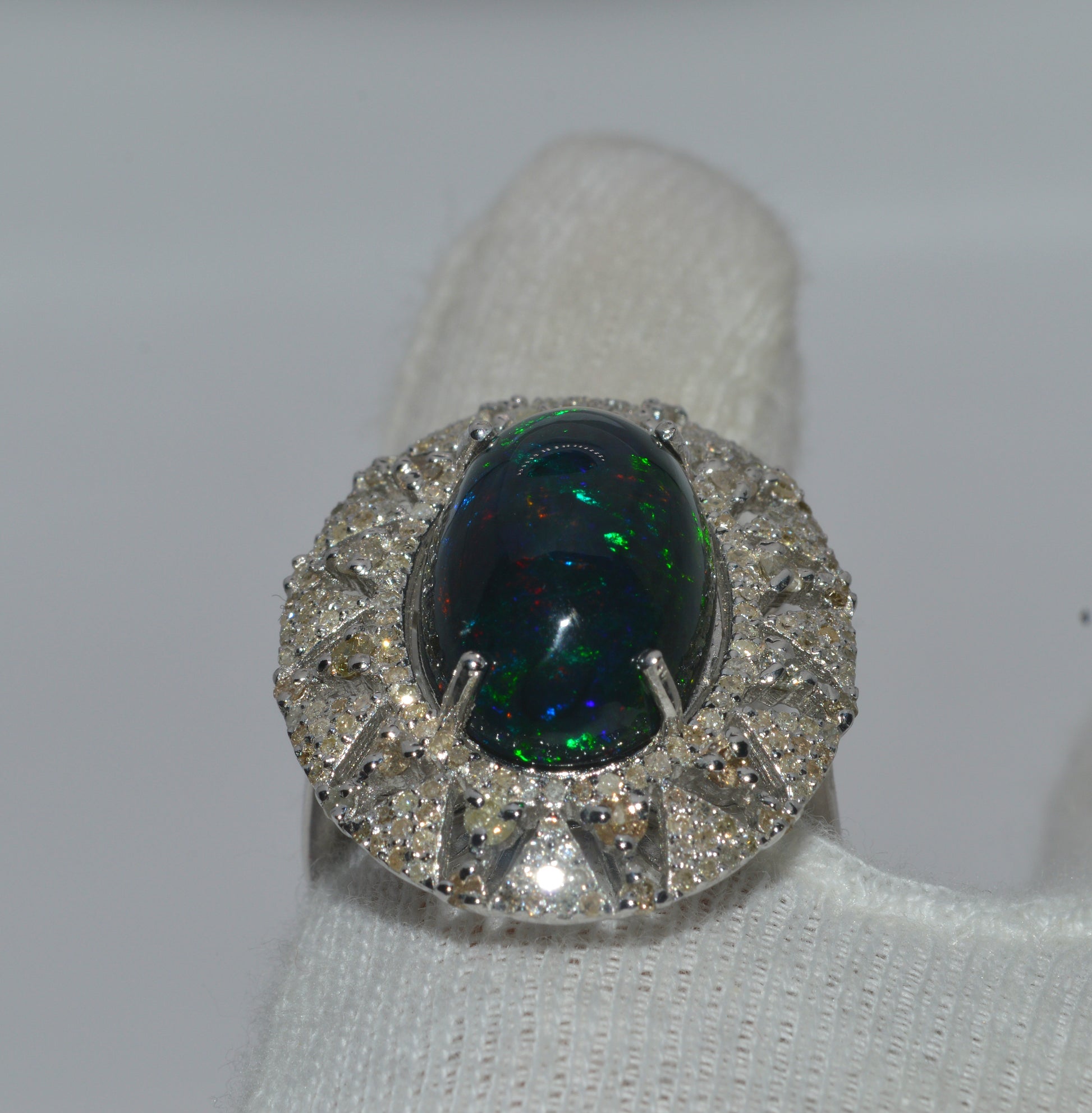 Silver - 7.09ct High Dome Black Opal & 1.5ct Diamond Cluster Ring finger rear 