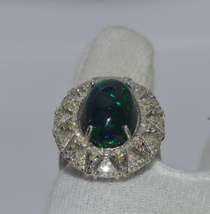 Silver - 7.09ct High Dome Black Opal & 1.5ct Diamond Cluster Ring finger rear 