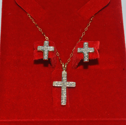 9ct Gold - Diamond Cross Earrings & Necklace Set front